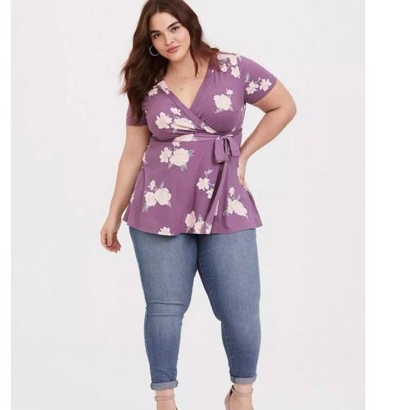 Torrid Womens Plus 1X Dusty Purple Floral Babydoll Wrap Top Stretch Shirt NO TIE - Picture 8 of 10
